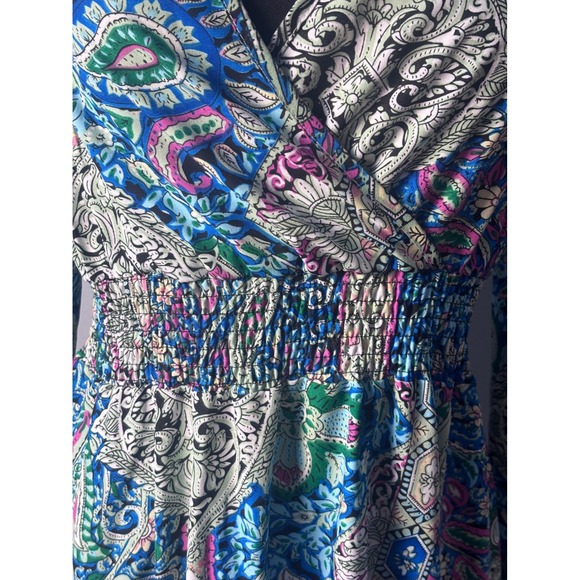 Boho Paisley Print V-Neck Maxi Dress Blue Purple Smocked Waist Tiered - Picture 6 of 12